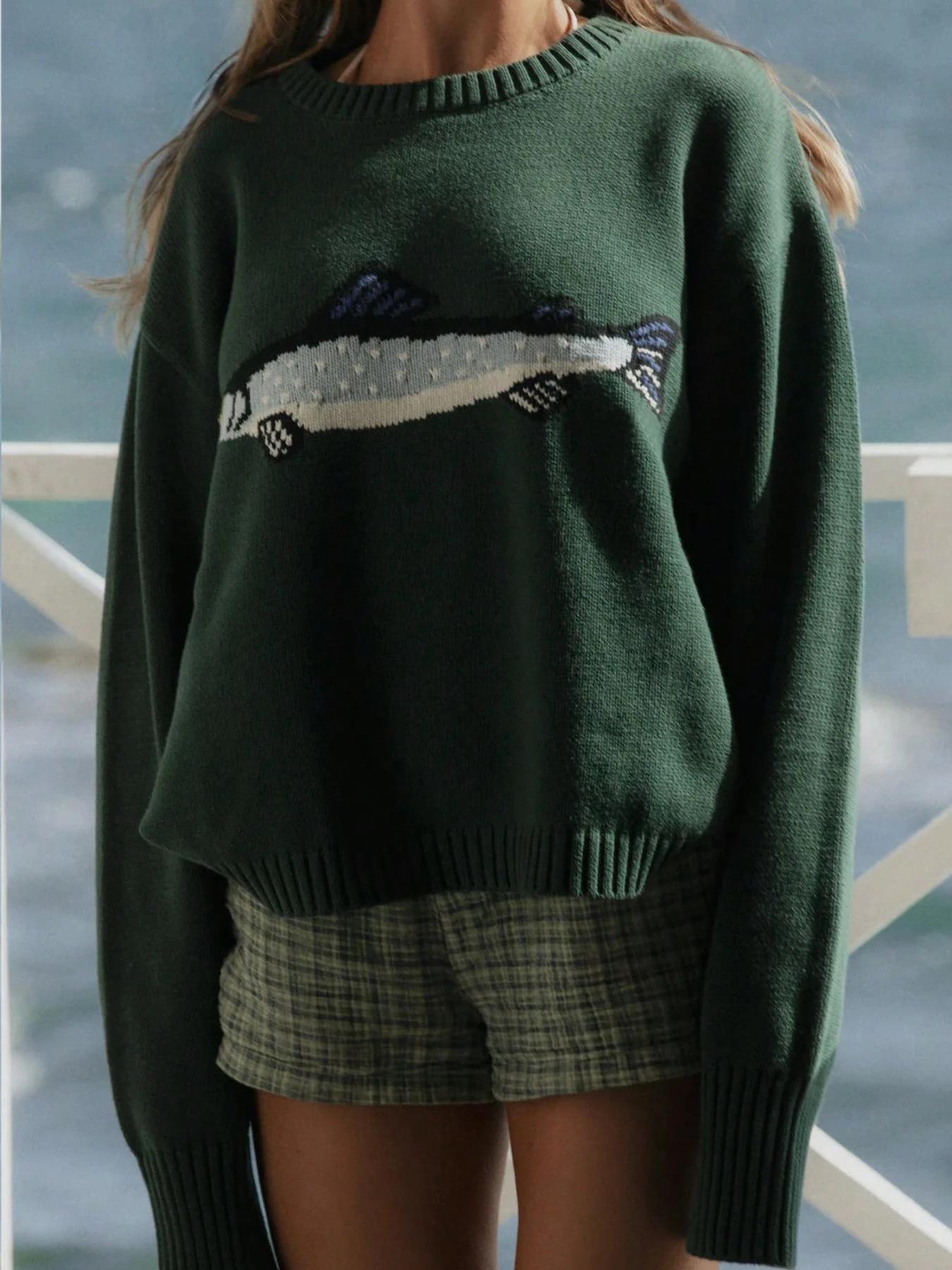 New Fashion Women's Sweater Tops, Autumn Winter Loose High Elastic Fit Round Neck Pullover Animal Fish Pattern Knitwear, Casual Style