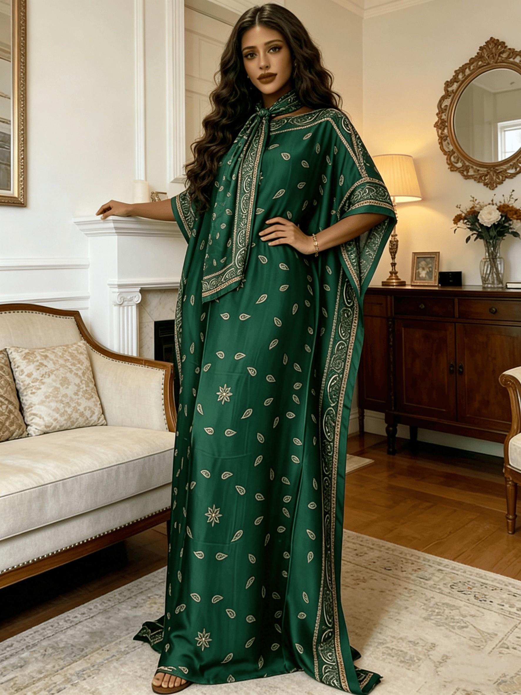2026 New Women's 2 Piece Emerald Green Paisley Print Kaftan Maxi Dress with Matching Statement Scarf, Silky Loose Pleated Robe, Plus Size Friendly, Summer Beach Cover Up, Resort Vacation & Evening Party Wear