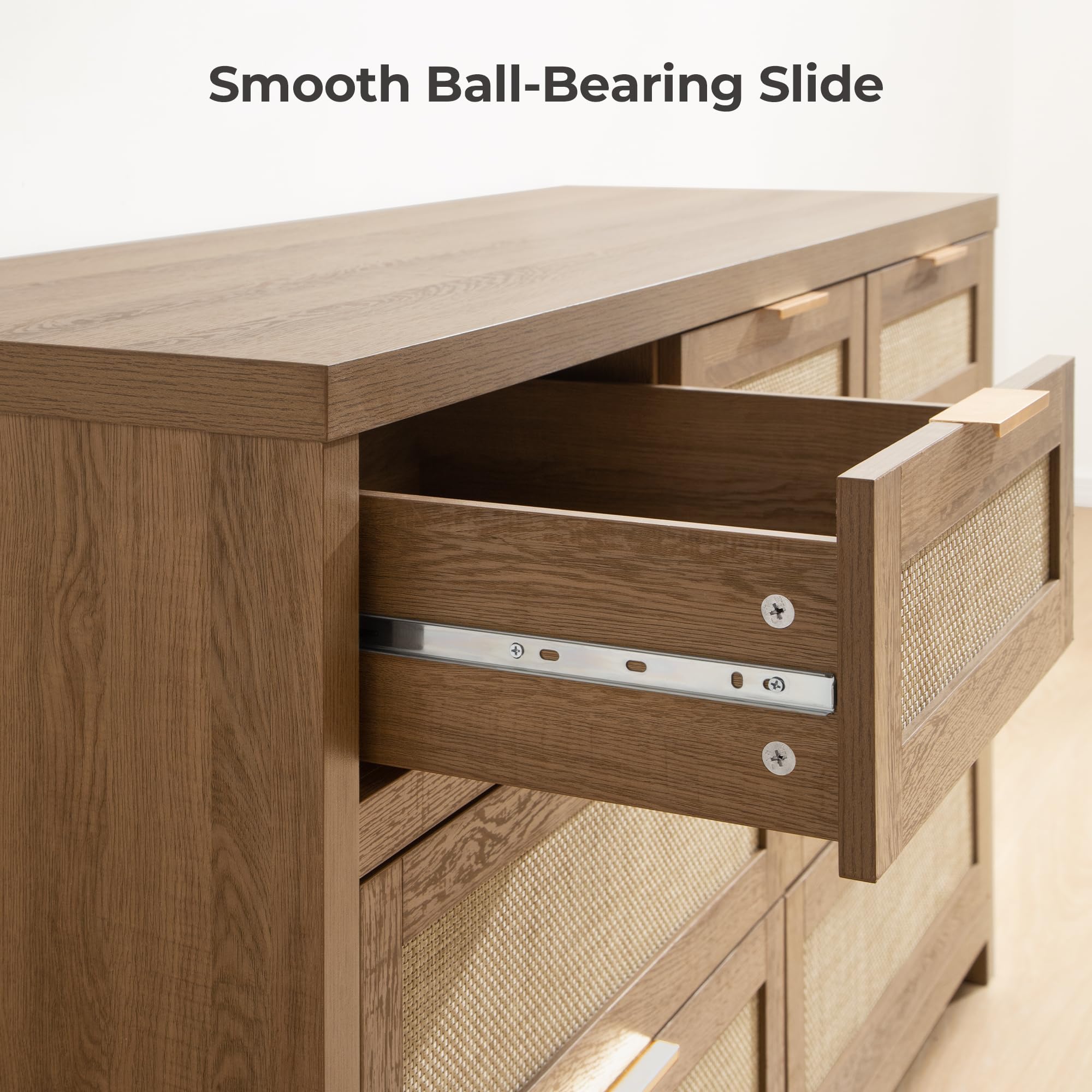 SICOTAS Rattan Dresser for Bedroom, 17.7" x 56.9" x 31.3" Size 6 Drawer Dresser with Ample Storage,Unique Engineered Wood Dressers Large Chest of Drawers for Nursery, Closet, Boho TV Stand for Bedroom, Sturdy and Durable, Easy Installation