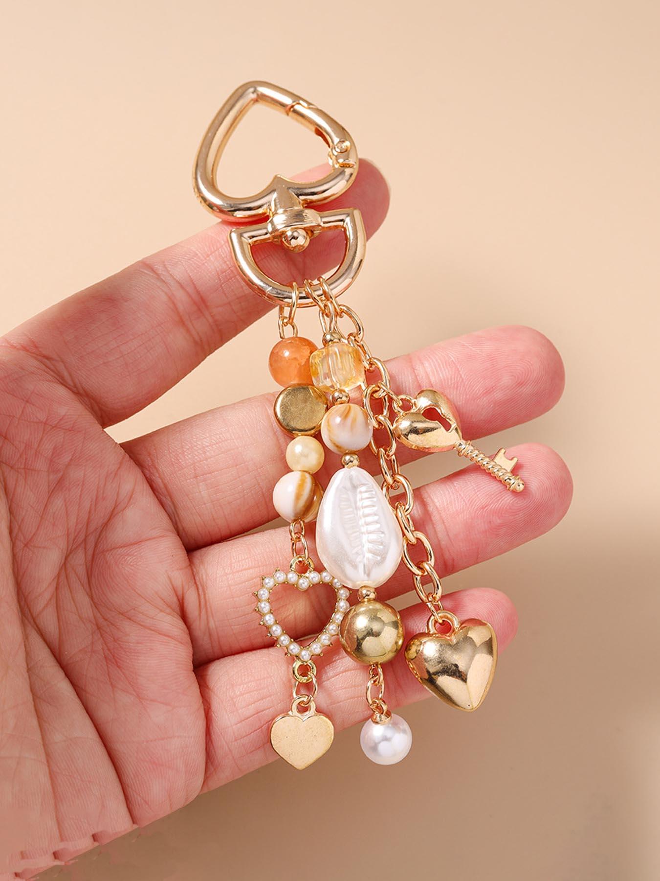 Boho Pearl Shell Keychain, Baroque Heart Key Ring, Starfish Ocean Theme, Boho Bag Charm, Unique Fashion Accessory