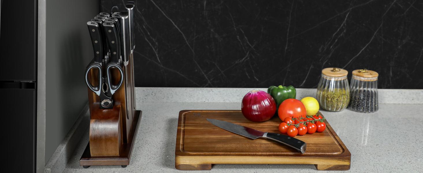 【TikTokShopJumpstart】Kitchen Knife Sets for Kitchen with Block, 17 Pieces with Magnetic Knife Holder, German High Carbon Stainless Steel Damascus Pattern Chef Knives Set with Sharpener, Steak Knives Valentines Day Gift