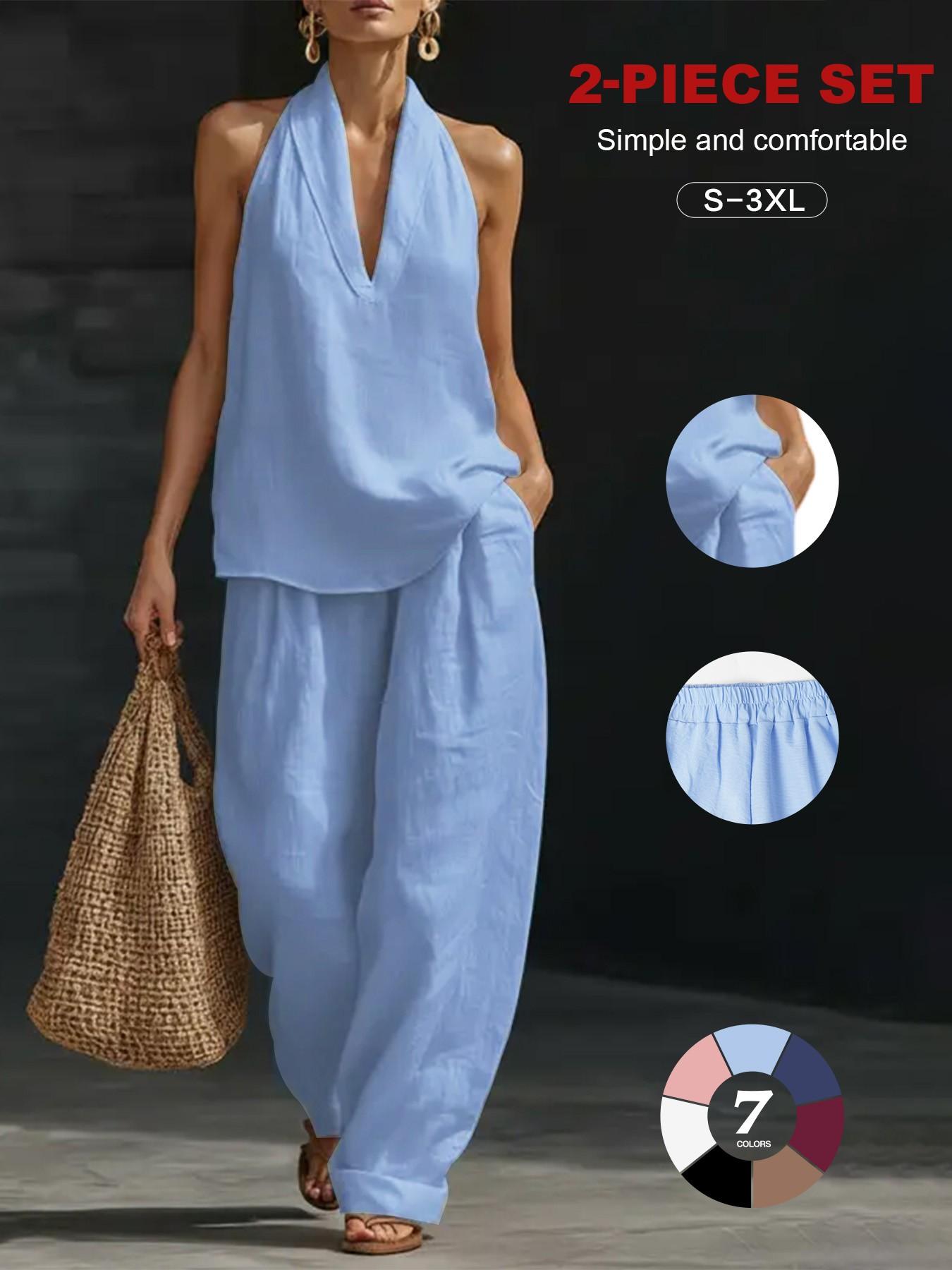 Women's Linen Sets 2 Piece Summer, Casual Sleeveless Lounge Set, Ankle Length, Loose-Fitting, Beach Vacation Clothes
