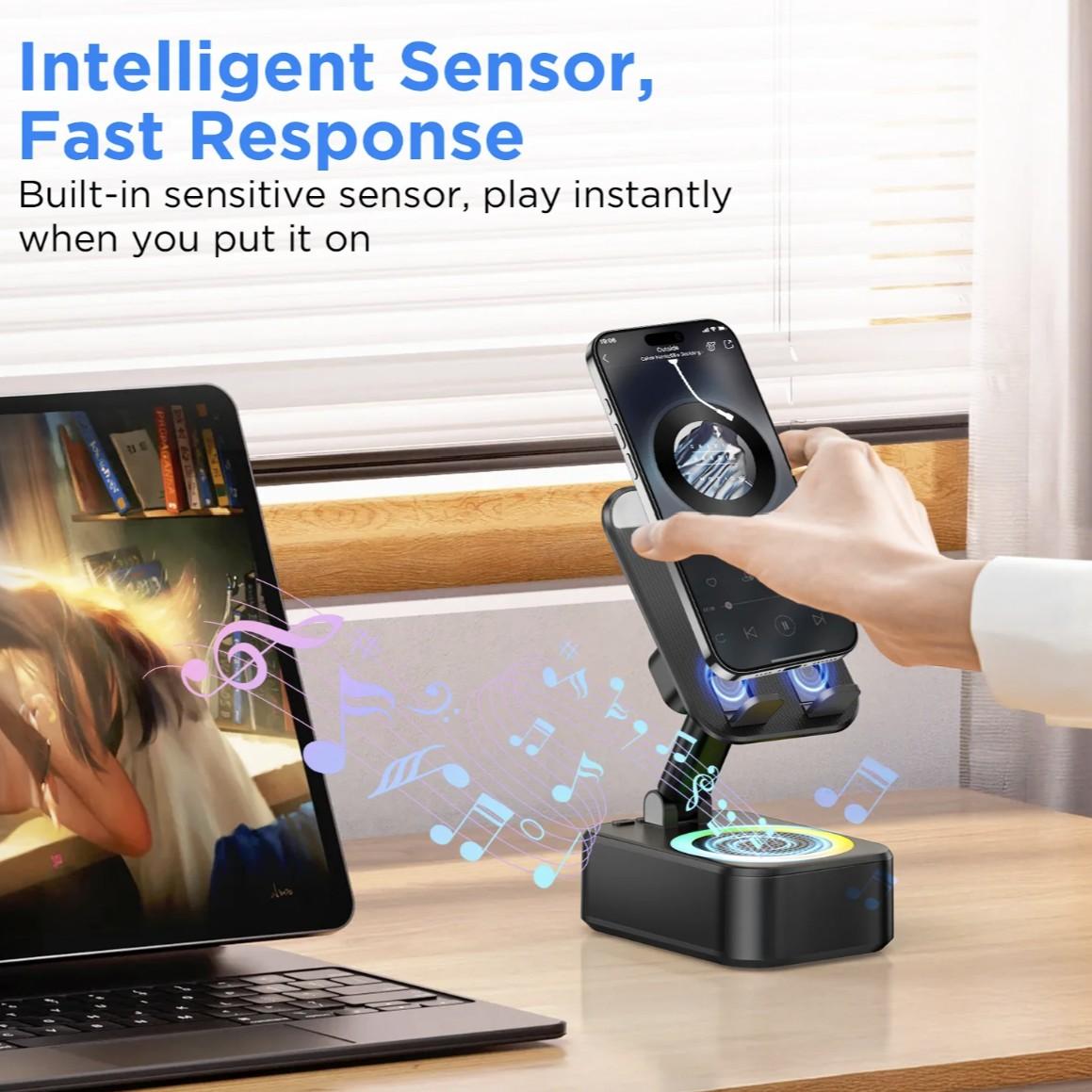 New Upgraded 5-In-1 Wireless Bluetooth-compatible Speaker, 1800mah Portable Power Bank, Tablet Stand, Phone Holder, Colorful Ambient Light, Foldable Base