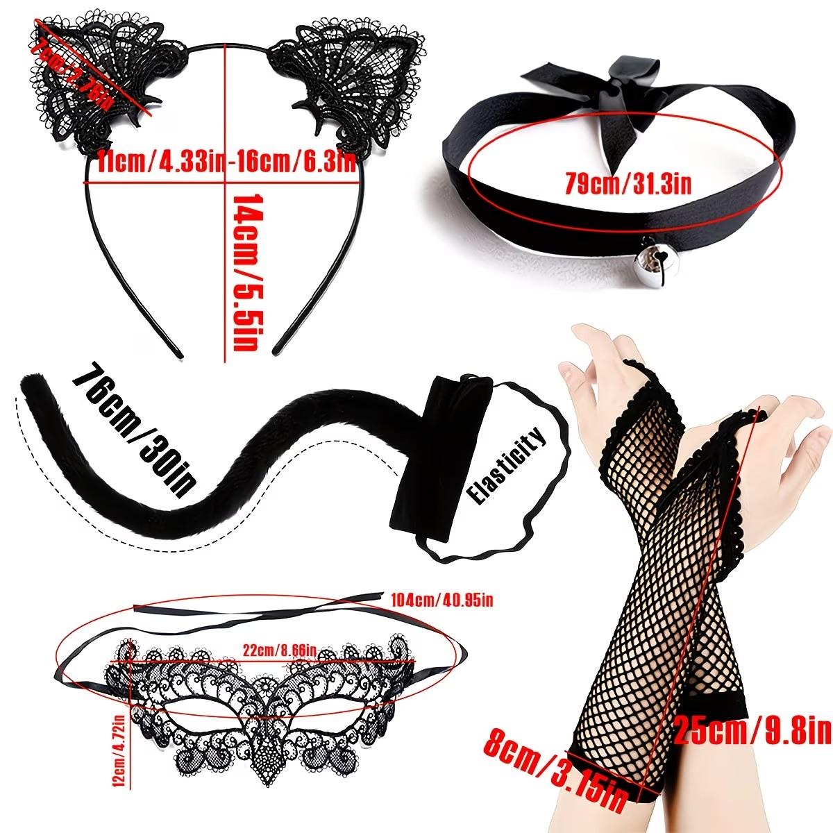 Women's Cat Theme Set 5 Pieces, Includes Lace Mask, Ear Hair Accessory, Gloves, Cat Tail, Necklace, Cute Pet Costume, One Size