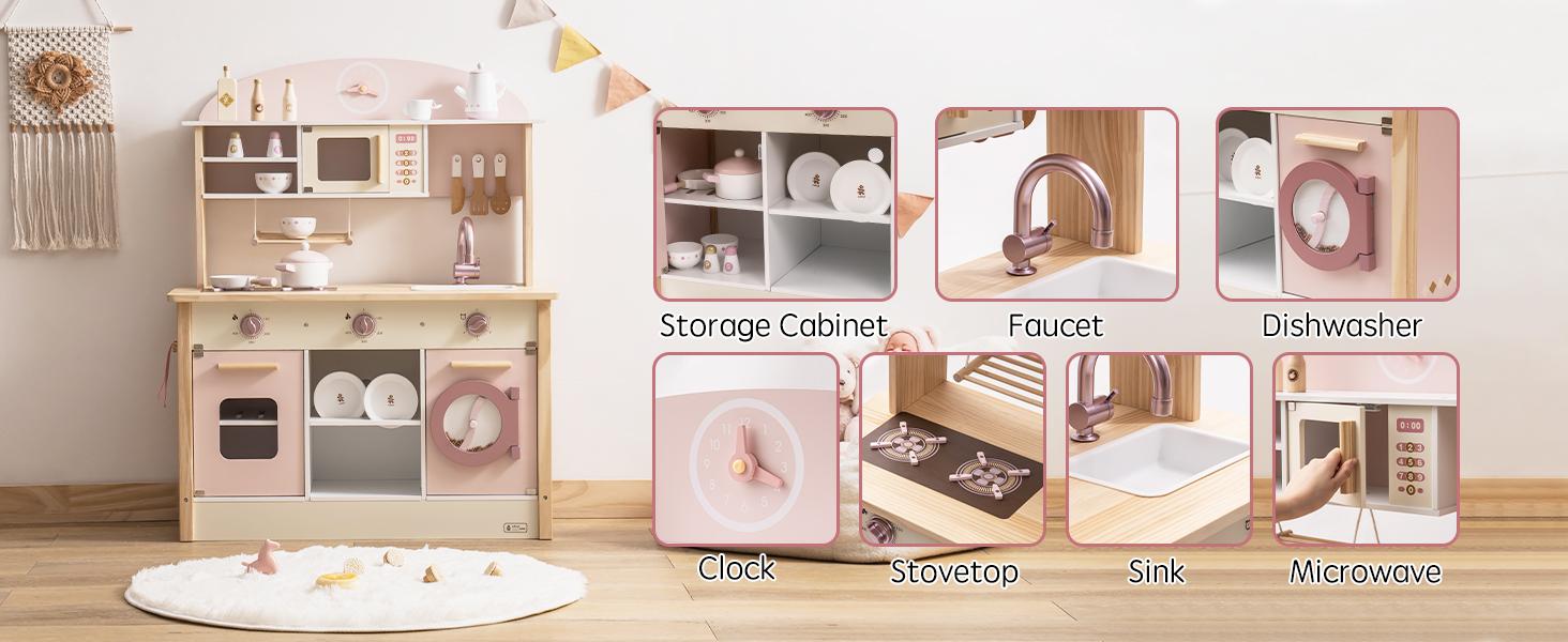 Robud Wooden Kitchen for Kids Play Kitchen Toy Kitchen Set with Realistic Features, Includes Plenty of Play Features, Ages 3+