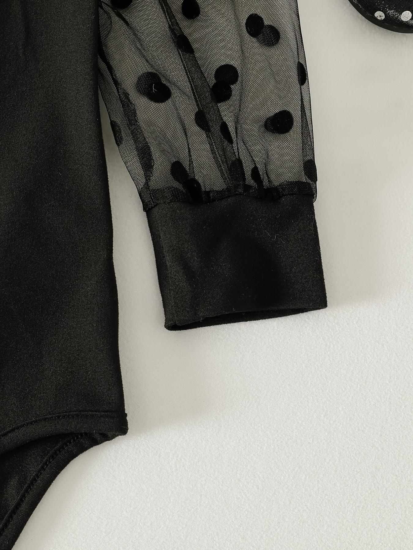 Girls' Spring Bodysuit, Retro Polka Dot Sweetheart Style, Long Sleeve Netting Bodysuit for Baby Girls, Polka Dot Netting Bubble Sleeves + Semi-Transparent Netting Round Neck, Perfect Birthday Gift for Baby Girls, Suitable for Daily Home Wear and Travel