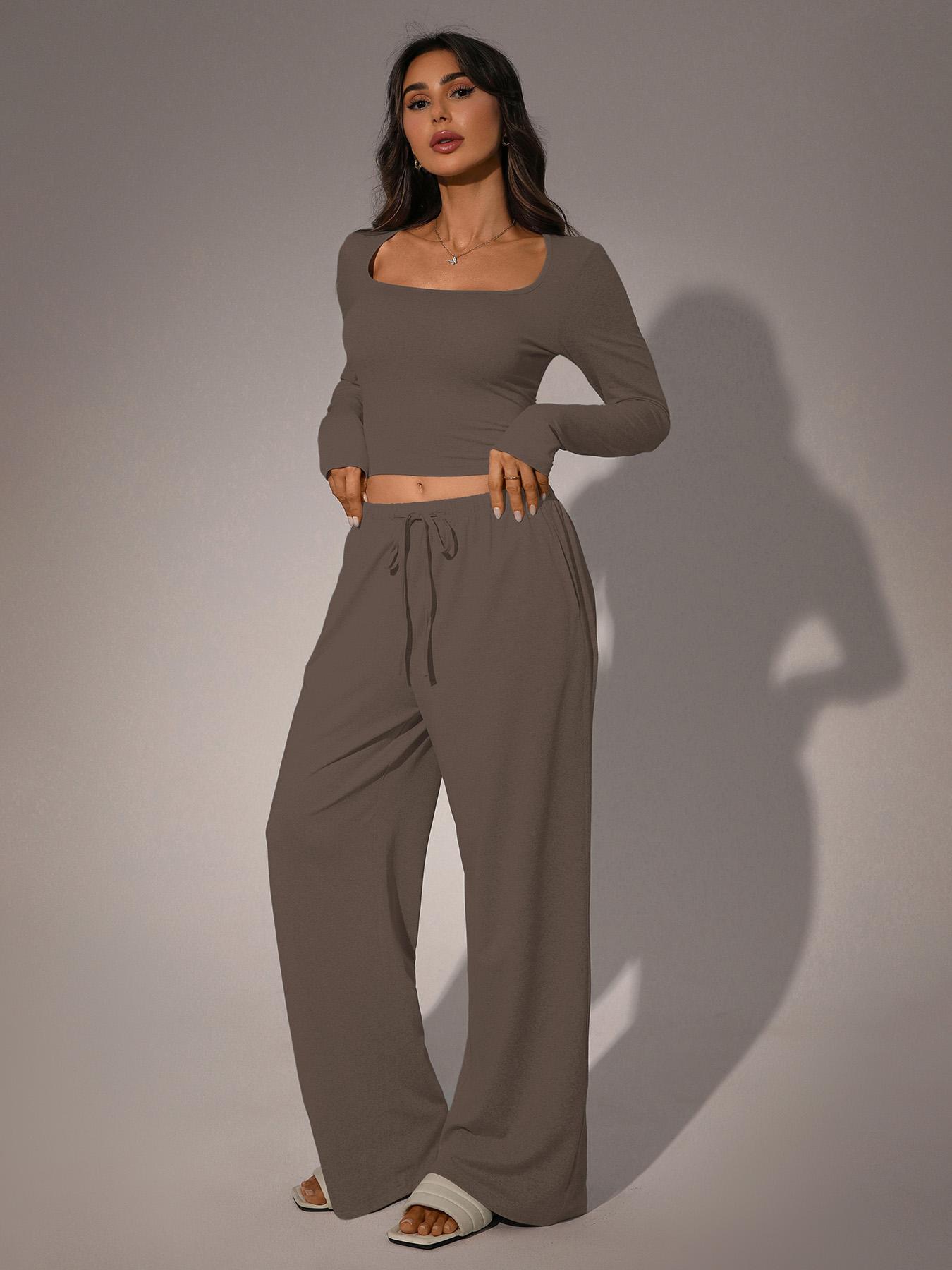 Women's 2 Piece Matching Lounge Set, Fitted Square Neck Long Sleeve Crop Top, High Waisted Wide Leg Drawstring Pants, Casual Sweatsuit