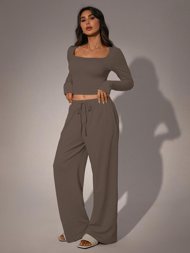 Women's 2 Piece Matching Lounge Set, Fitted Square Neck Long Sleeve Crop Top, High Waisted Wide Leg Drawstring Pants, Casual Sweatsuit