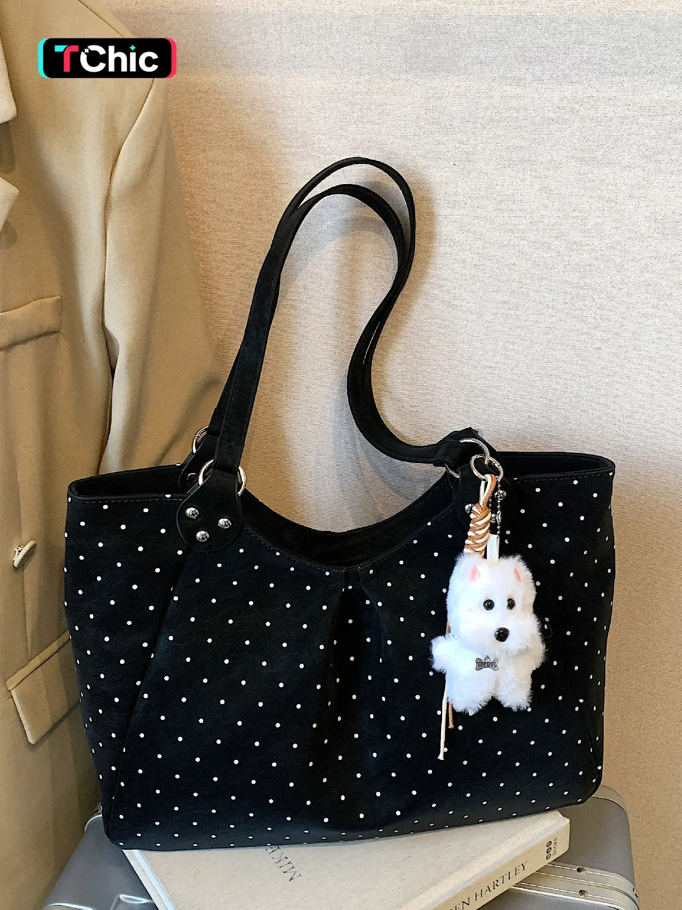 Large capacity polka dot design tote bag, pleated sweet girl style shoulder bag, metal rivet with puppy hanging decoration, stylish and versatile armpit bag, daily work shopping commuting bag, Cute bags