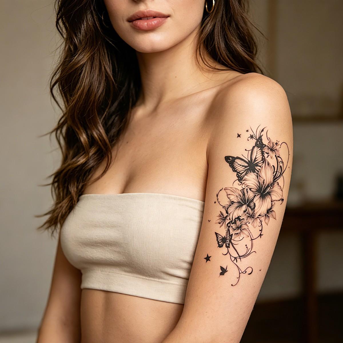 Delicate Butterfly Floral Temporary Tattoo, Waterproof Long-Lasting Body Sticker for Women, Trendy Party Decorations, 1pcs