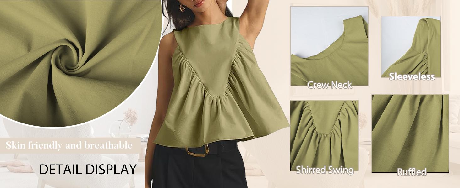 Womens Sleeveless Peplum Top Swing Tank Loose Fit Back Button Casual Blouse Ruffled Shirts Stretchy Lightweight