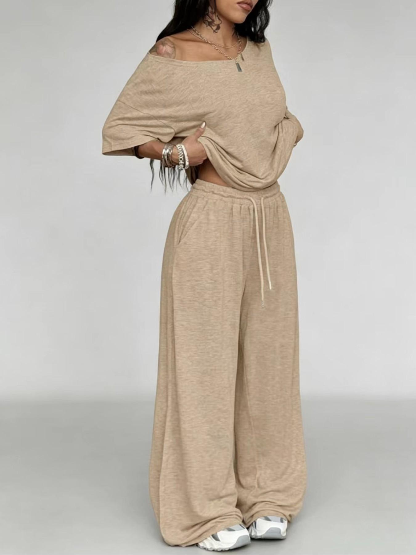 Women's Casual Solid Color Sport Two-Piece Set, Sweatsuit Loose Long Pants & Wide Leg Slant Neck Pant Suit, Spring & Fall Fashion
