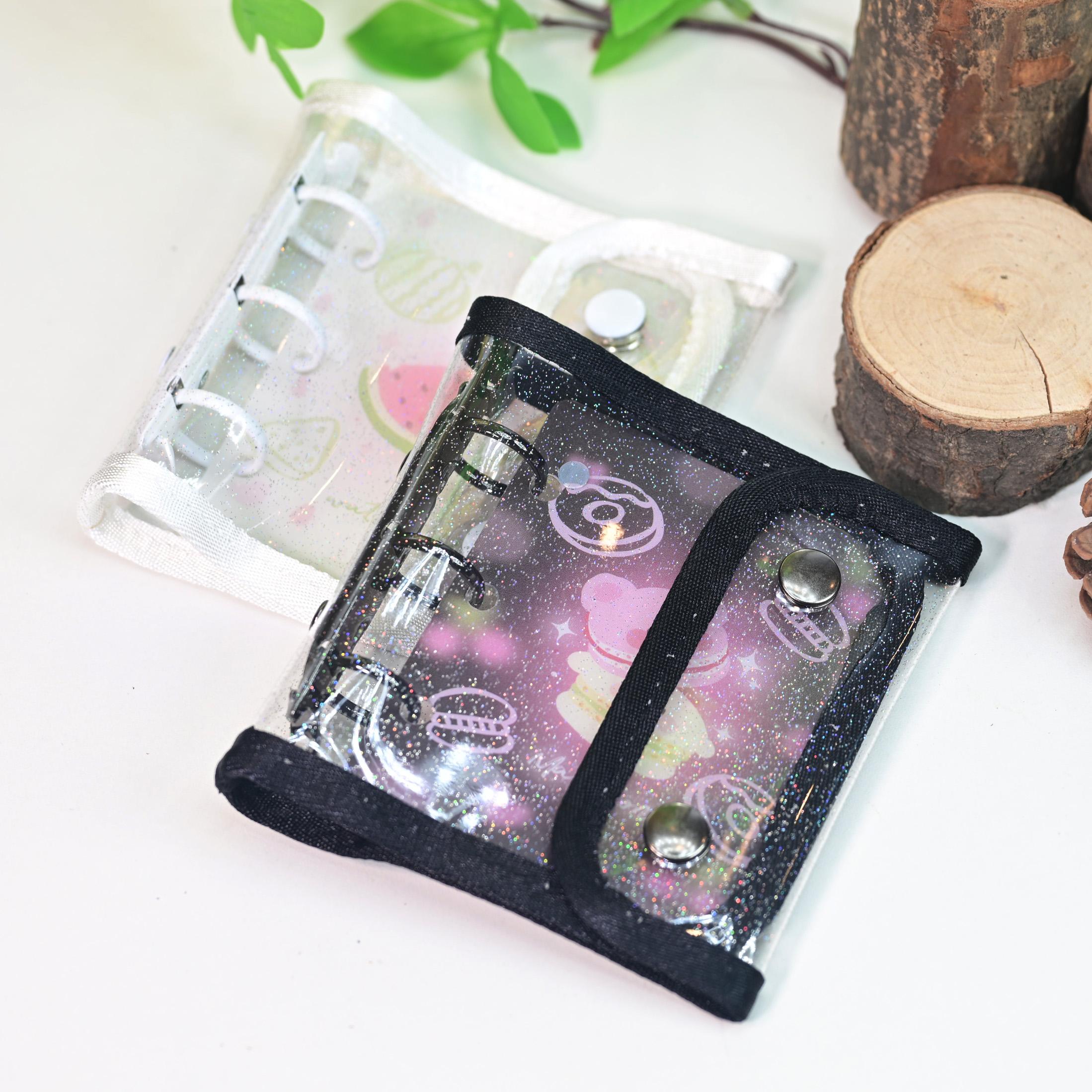 Mini Three-Hole Bound Photo Album Set, Dual Button Macaron Series Binder Cover + 10 Laser Star Single-Cell Two-Sided Pockets