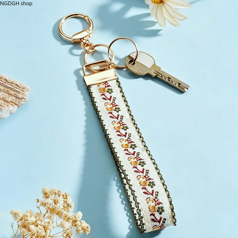 Embroidered Floral Fabric Keychain with Gold Metal Ring, Boho Strap Bag Charm with Green Trim, Vintage Style Keyring, Cute Cottagecore Accessory, Perfect Gift for Women, Keys & Handbag Daily Decor.