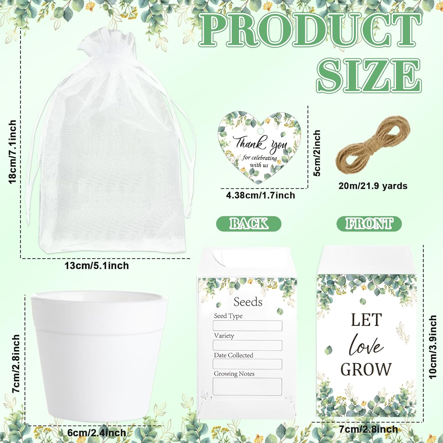 25 Sets Wedding Favors for Guests Bulk Include Let Love Grow Seed Packets White Flowerpot Thank You Tags Organza  Bags  Ropes for Bridal Shower Wedding Party Favors Seed Envelopes(Greenery)