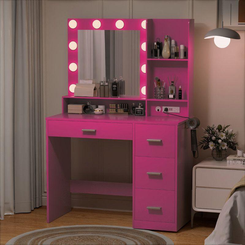 FURMAX Vanity Desk with Lights and Mirror Makeup Vanity Table Set with Drawer and Power Outlet