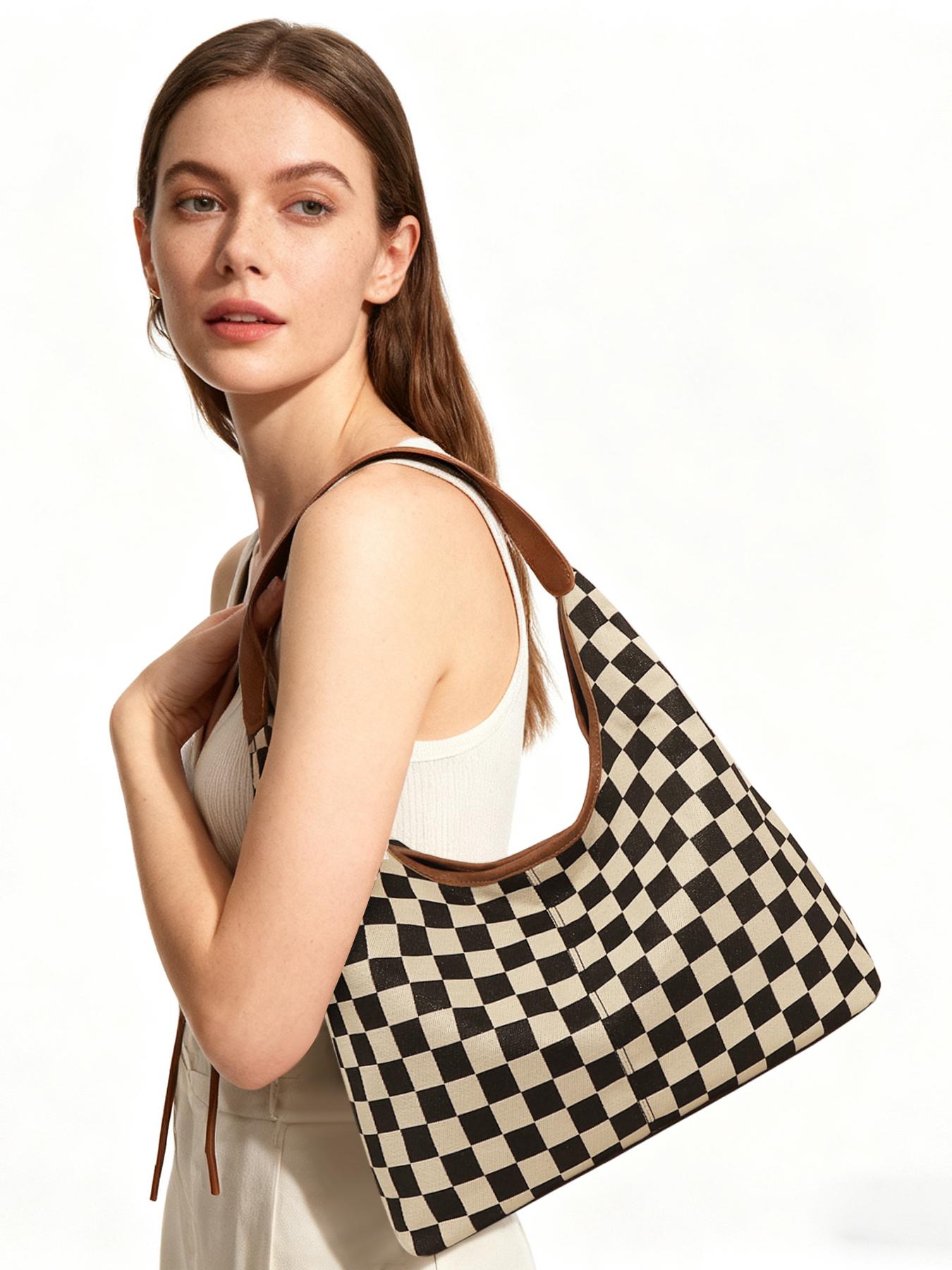 Large-Capacity Checkerboard Tote Bag Daily Bag For Travel And Shopping Shoulder Bag With Inner Pocket, Durable Polyester Material, Lightweight Tote Bag, Checked Pattern Tote