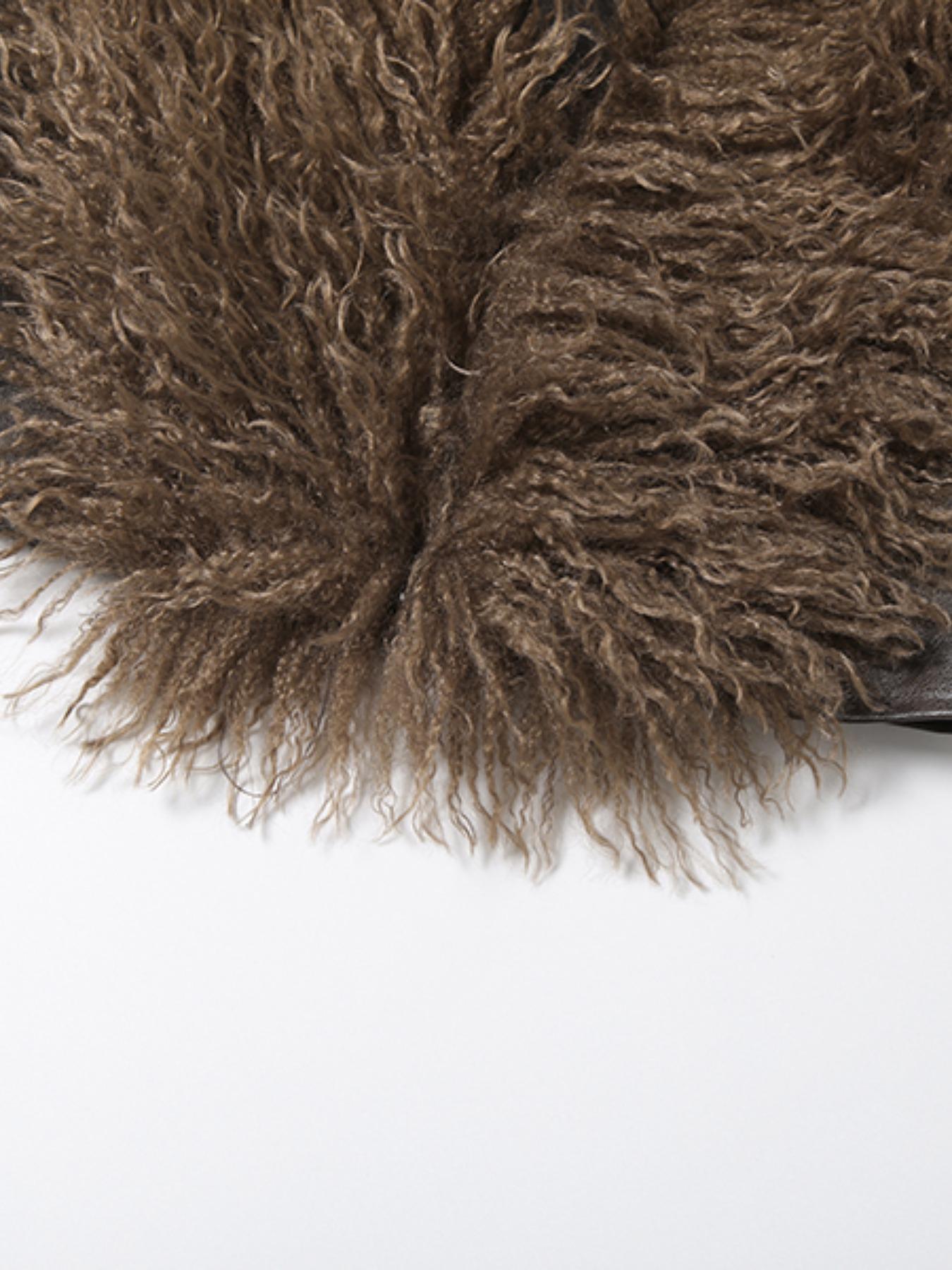 Women's Fashion Faux Fur Collar Long Sleeve V-Neck Leather Jacket, Autumn Winter New Style Slim Fit Outerwear, Trendy Tassel Fringe Patchwork Coat