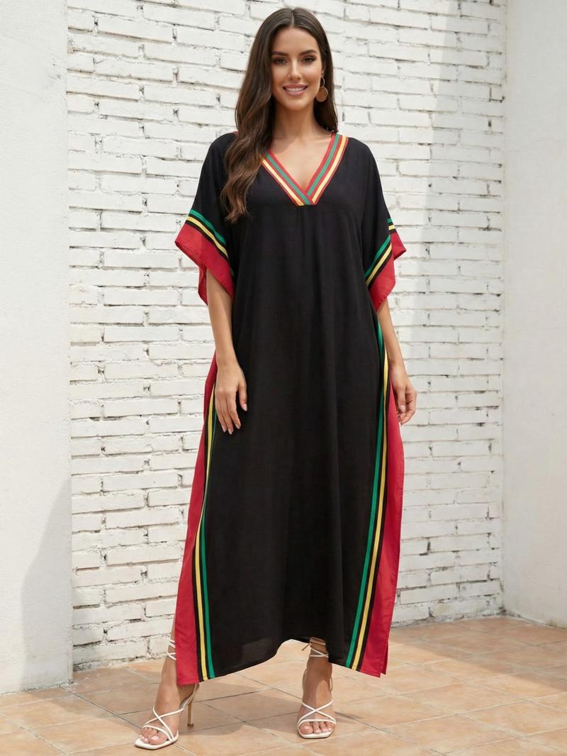 EDOLYNSA Striped kaftan dress cozy house robe muumuu outfits Moo Moo Dress vacation relaxed beach wear leisure wear versatile cover up daily wear Homewear Boho Casual Dress Q1615