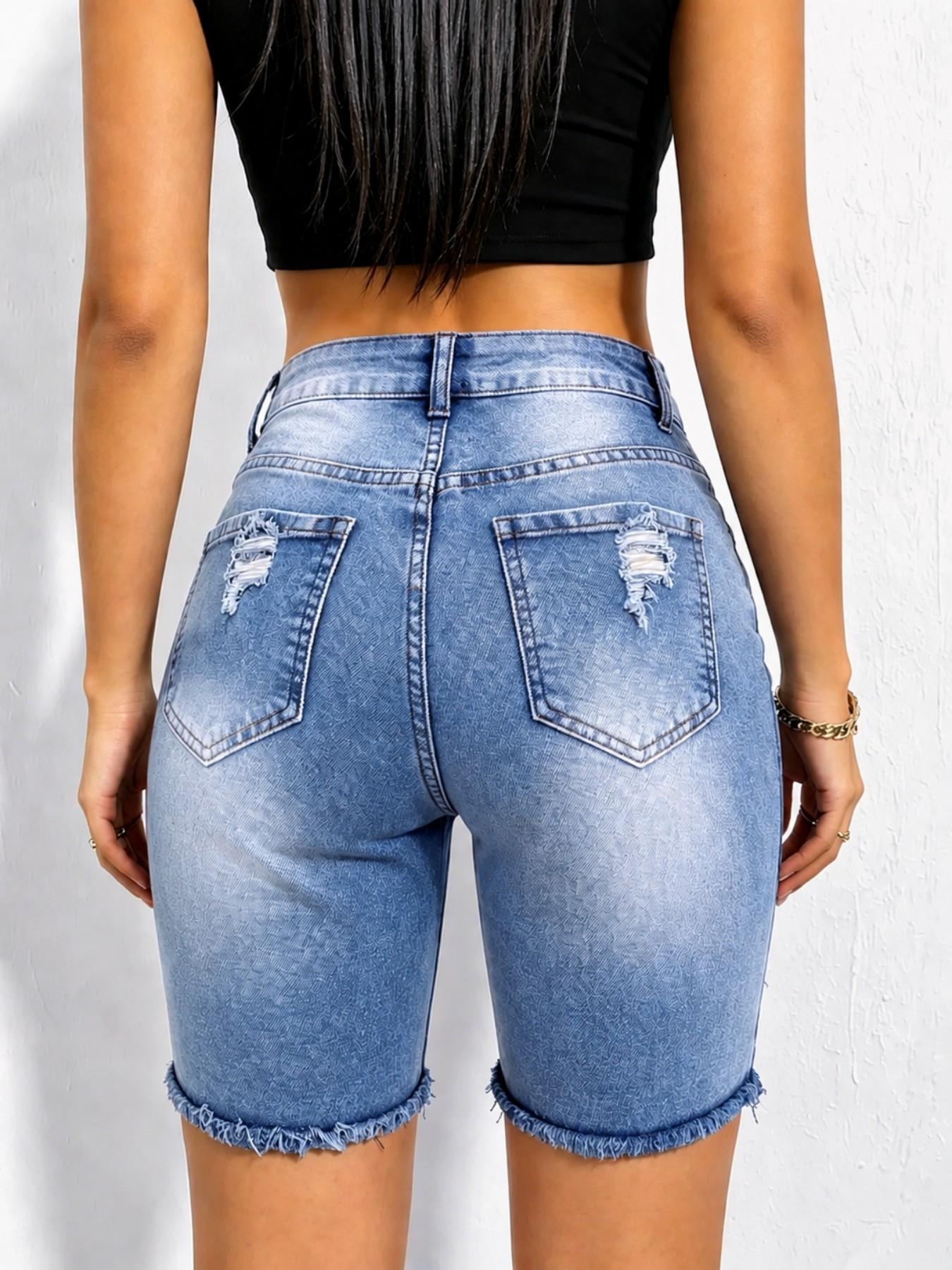 Summer Fashion Women's Chic Button Front Ripped Blue Denim Jeans Shorts, High Elastic Comfort, Fitted Not Tight, Durable Street Style Mid-Waist Five-Pocket Pants
