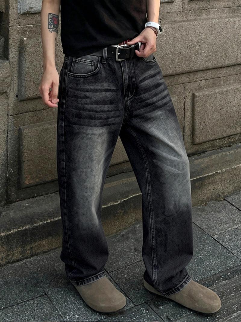 Men's Y2K Hip-Hop Style Black and Gray Gradient Stone Washed Jeans | Loose Baggy Street Style Jeans Retro Distressed Urban Street Casual Daily Wear