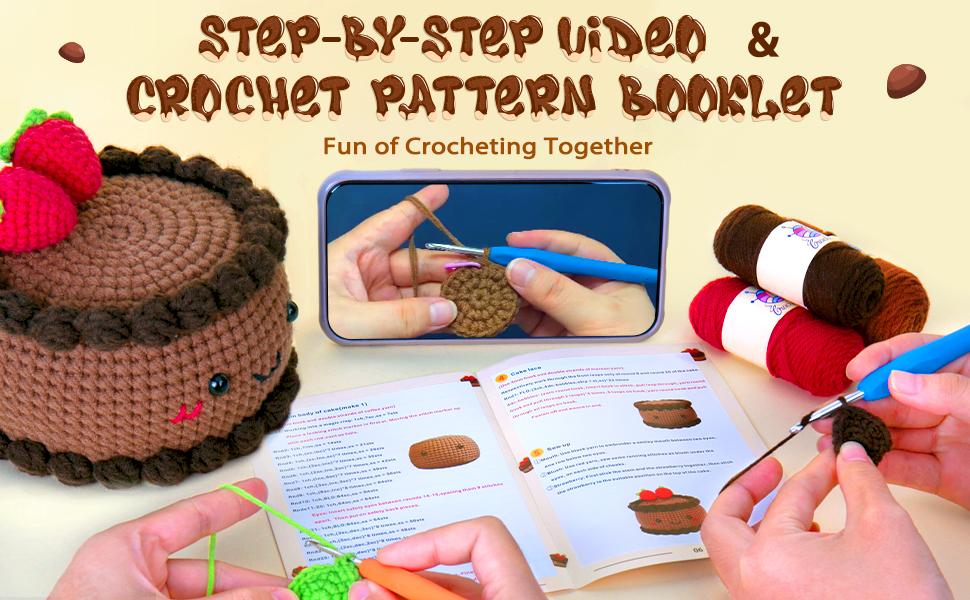 CROCHETTA All-In-One Crochet Starter Kit for Beginners with 40% Extra Yarn Step-by-Step Video Tutorials DIY Knitting Supplies for Adults Kids Chocolate Strawberry Cake Pattern