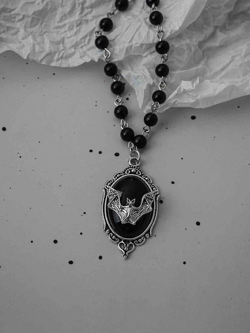 Gothic Bat Cross Heart Oil Pendant Necklace Set, Vintage Punk Unisex Beaded Chain, Party Personalized Jewelry Kit, Cross Necklaces