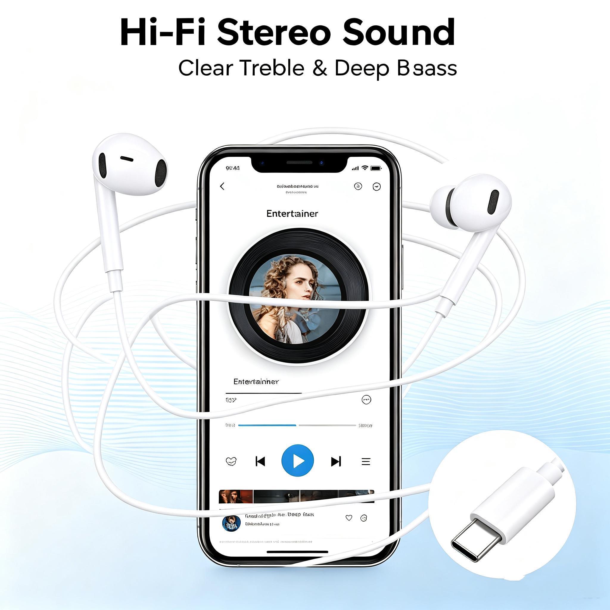 Semi-In-Ear USB-C Wired Earbuds with Plug, Mic, Volume Control & HiFi Stereo Sound, Connector Cable with Port for Android Devices