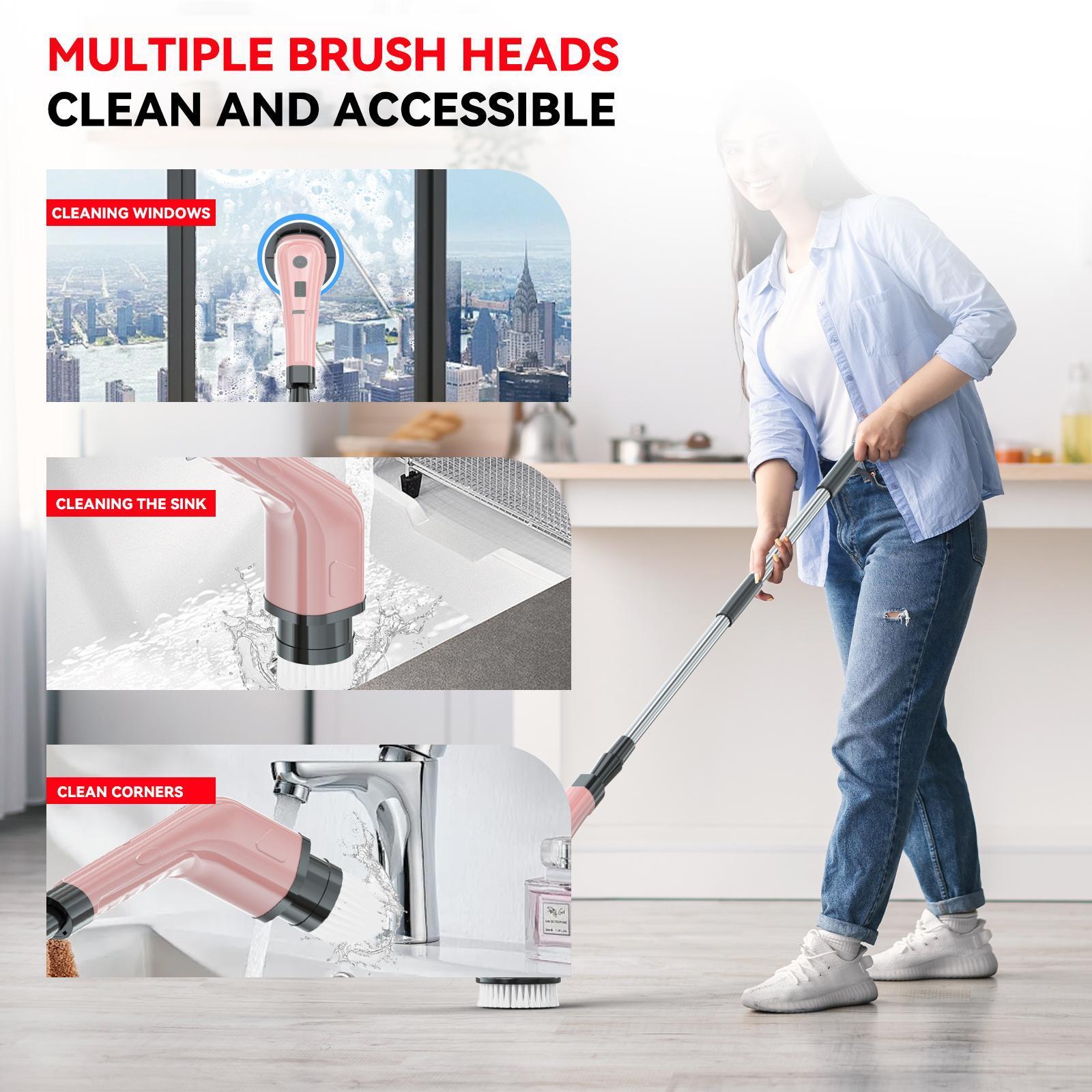 【Super Electric】Electric Spin Scrubber, Cordless Shower Cleaning Brush with 2 Speed & 8 Replaceable Brush Heads, IPX7 Waterproof Adjustable Handle Electric Scrubber for Bathroom, Kitchen, Tub, Tile, Floor, Toilet, Window cepillo giratorio