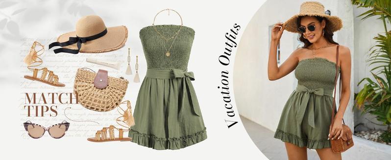 GRACE KARIN Women's Plain Cotton Linen Smocked Short Rompers, Casual Adjustable Spaghetti Strap Wide Leg Short Romper for Summe Ladies Clothes for Daily Wear Womenswear