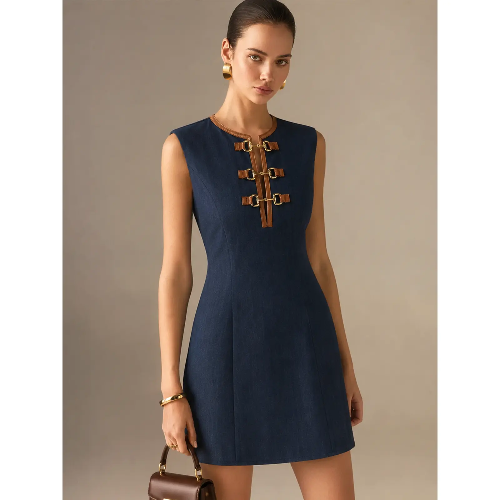 COMMENSE Women's Casual Mini Dress - Faux Leather Piping, Horsebit Decor, Casual Wear, Women's Clothing,sohochic