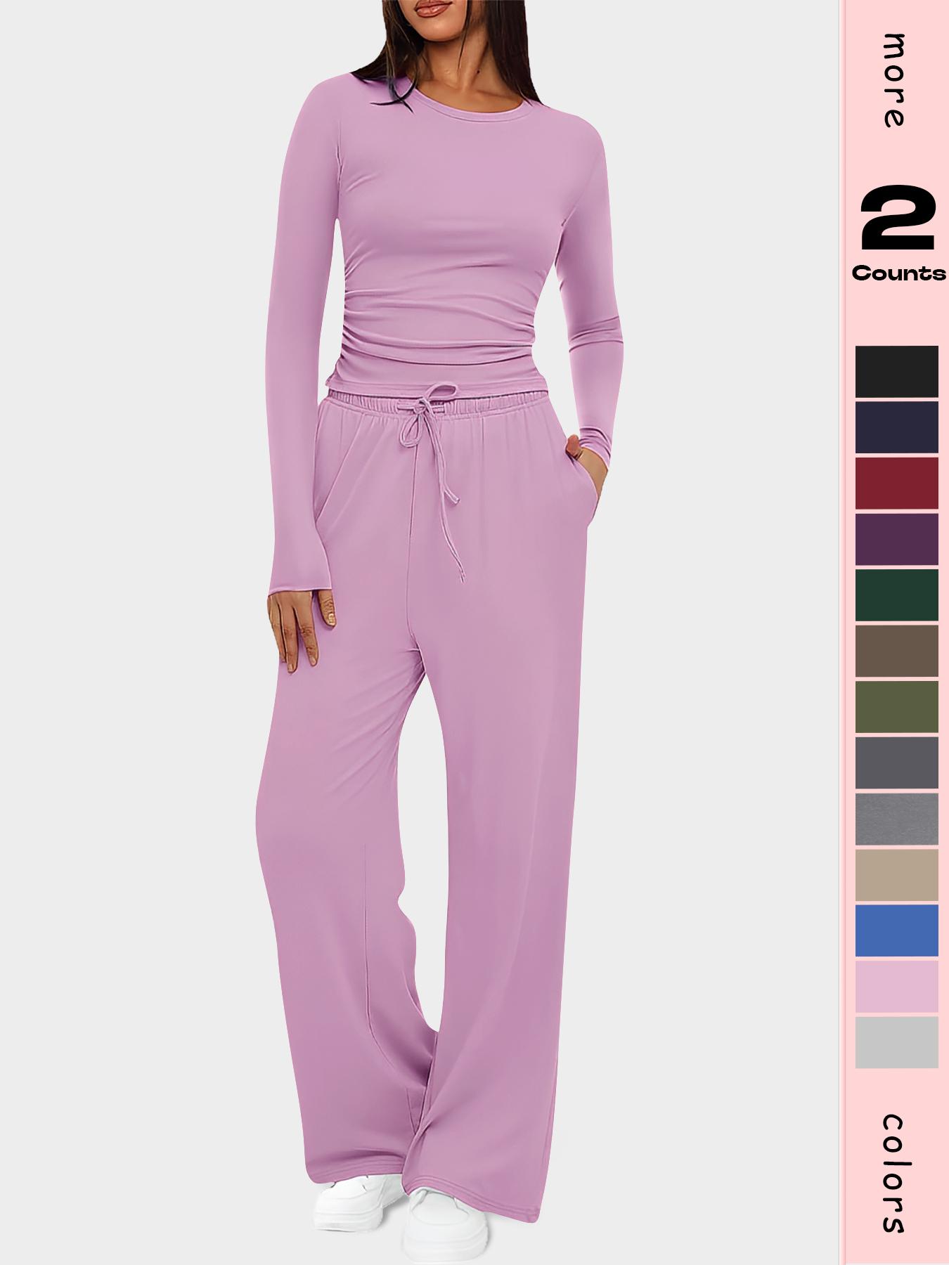 Women's 2-Piece Set Autumn and Winter Loungewear Sets, Ruched Fitted Long Sleeve Tops & High Waisted Wide Leg Pants