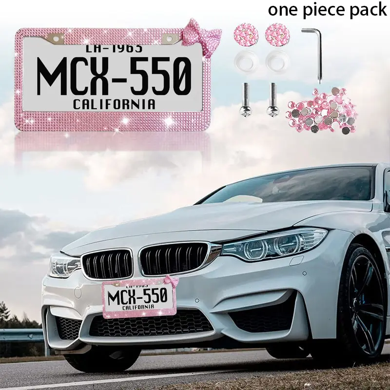 Bow Rhinestone Us License Plate Frame, Flashing Automotive Car Number Plate Holder for Usa Canada Mexico, Holiday Decorations, New Car Birthday Gift