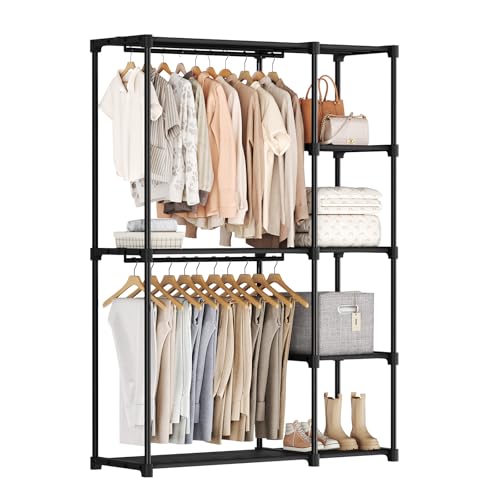 Freestanding Wardrobe with Removable Hanging Rods and Multiple Storage Compartments, Portable Closet Organizer with Adjustable Shelves, Sturdy Metal Frame with Non-Woven Fabric, Perfect for Bedroom Dorm Room and Small Space Clothing Storage