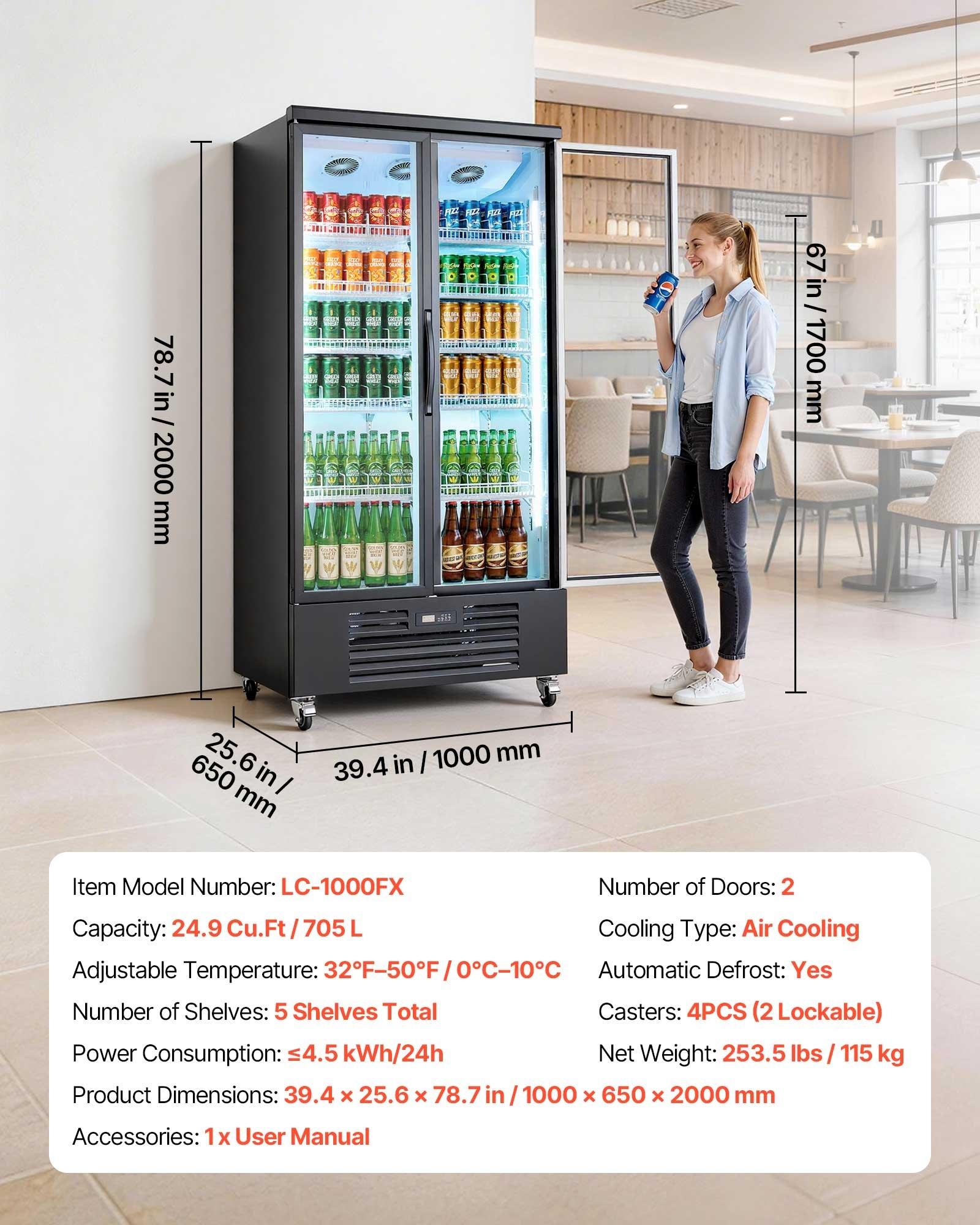 VEVOR Commercial Merchandiser Refrigerator - 24.9 Cu. Ft/705L Upright Beverage Cooler with Glass Doors, 5 Adjustable Shelves, Soft LEDs, Casters, Upright Freezer for Bars, Supermarkets