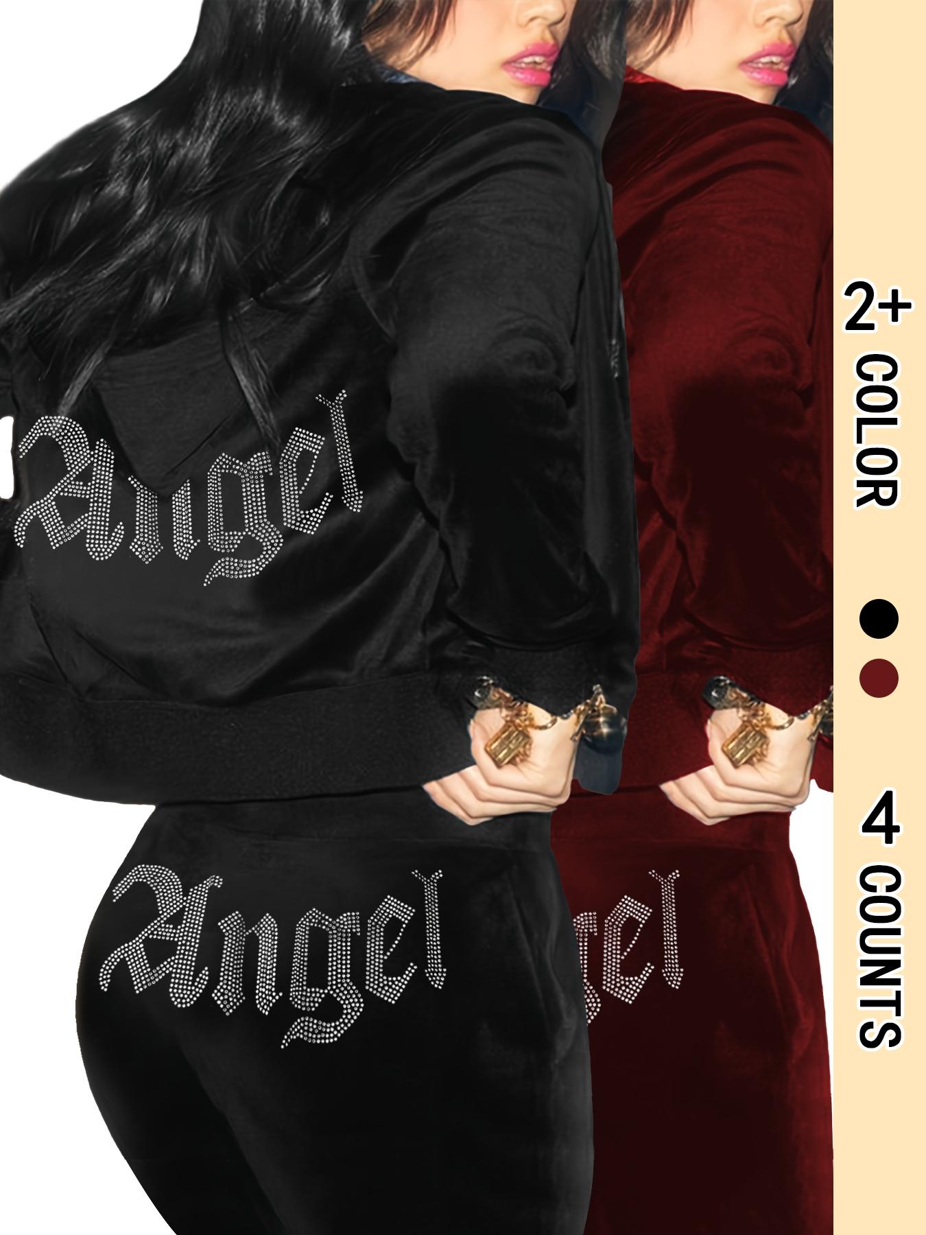 Women's "Angel" Rhinestone Letter Decor Pants Set, Casual Zip Up Hoodie & Elastic Waist Pants Set for Spring & Fall, Women's Clothes