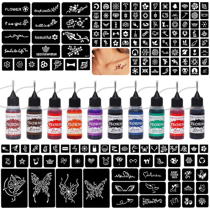 Temporary Tattoo Stencil Set with Butterfly Flower Letter Patterns, Includes 10 Bottles of Temporary Tattoo Juice, Multi-Pack, Temporary Tattoo Kit