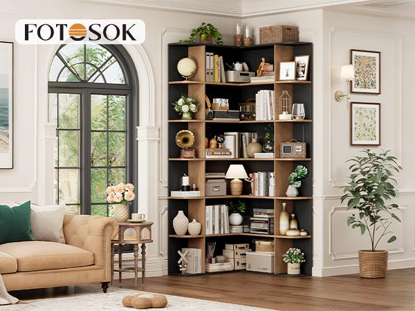 FOTOSOK 74'' Tall Corner Bookshelf, 6-Tier Bookshelf and Bookcase with Open Storage, L Shaped Tall Bookcases Wooden Storage Shelves for Home Office