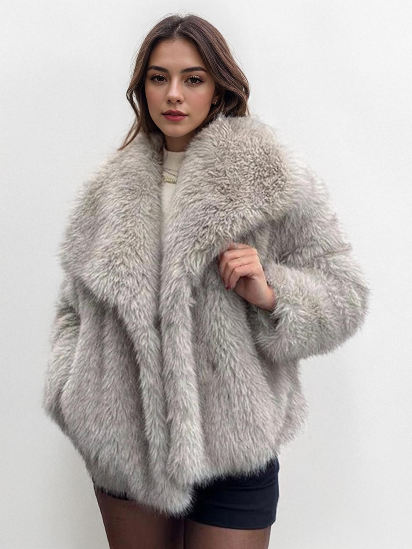 Women's Elegant Solid Color Wide Collar Zipper Closure Plush Warm Coat, Stylish Everyday Outerwear for Fall & Winter Seasons