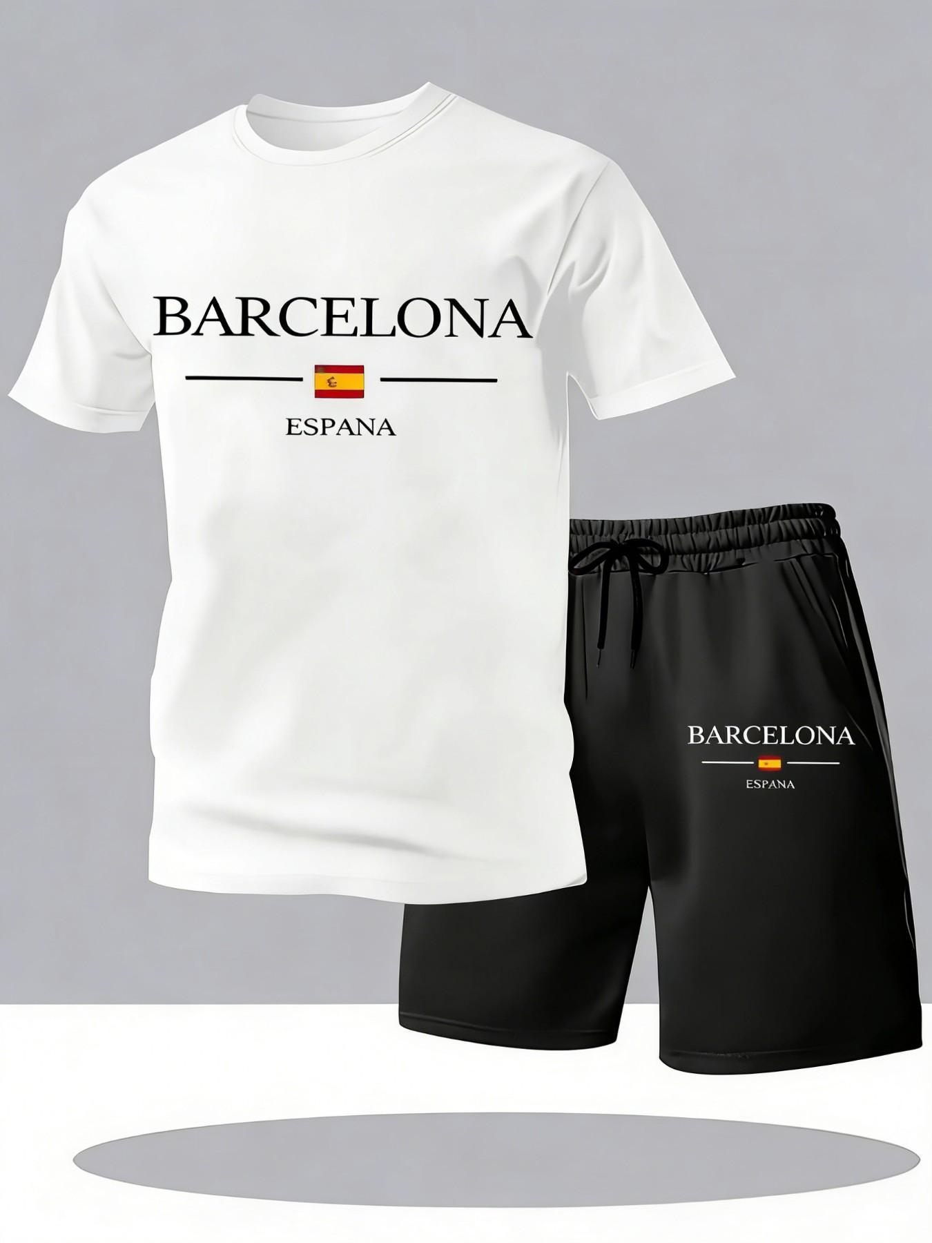 Men's 2 Piece Outfits, Barcelona Espana Print Short Sleeve T-Shirt and Shorts Set, Summer Casual Tracksuit for Gym, Running, Workout, Daily Wear