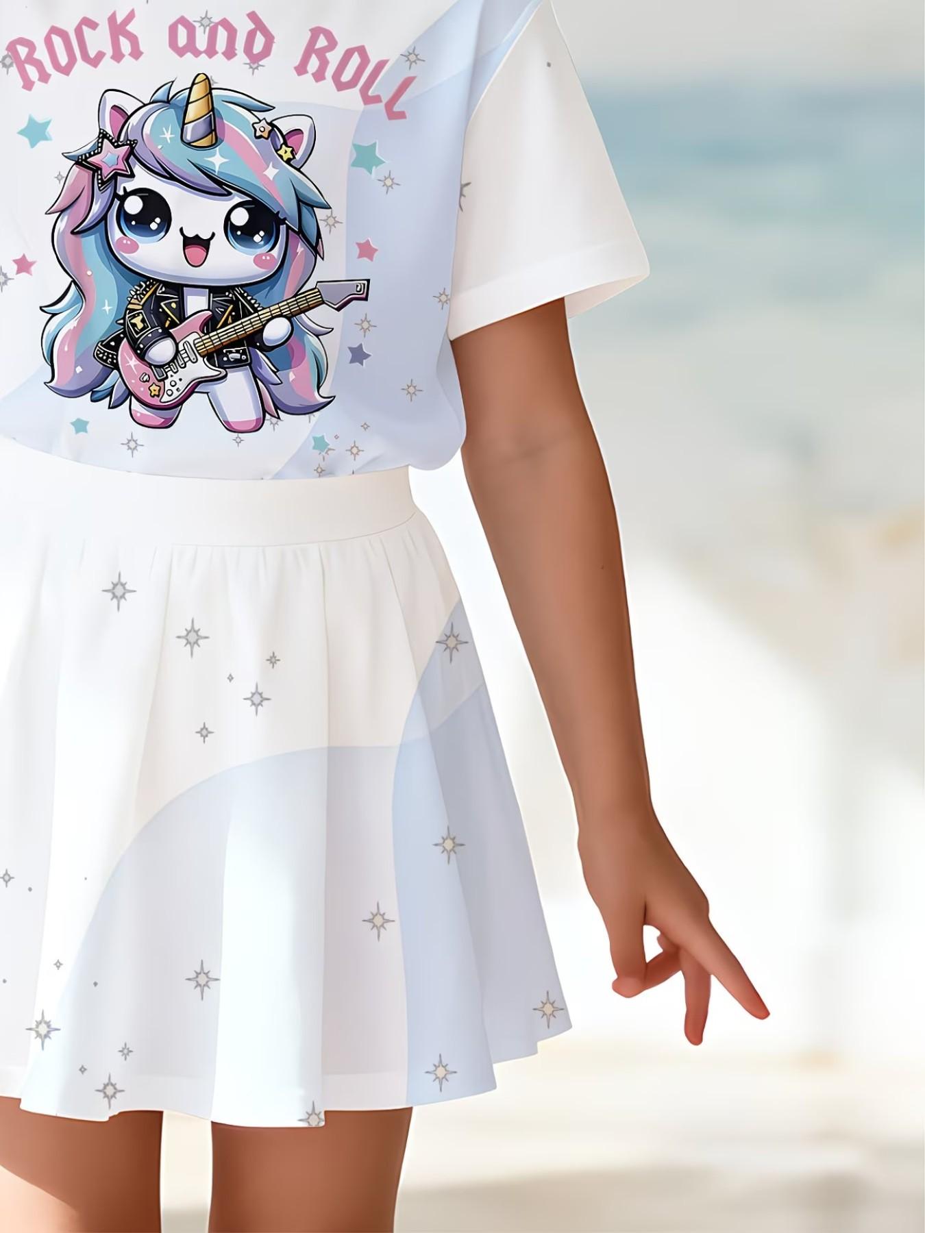 Girls' 3D Printed Top and Skirt Set, Casual Slim-Fitting Summer, Round Neck Short Sleeve, Daily Wear, Two-Piece Ensemble