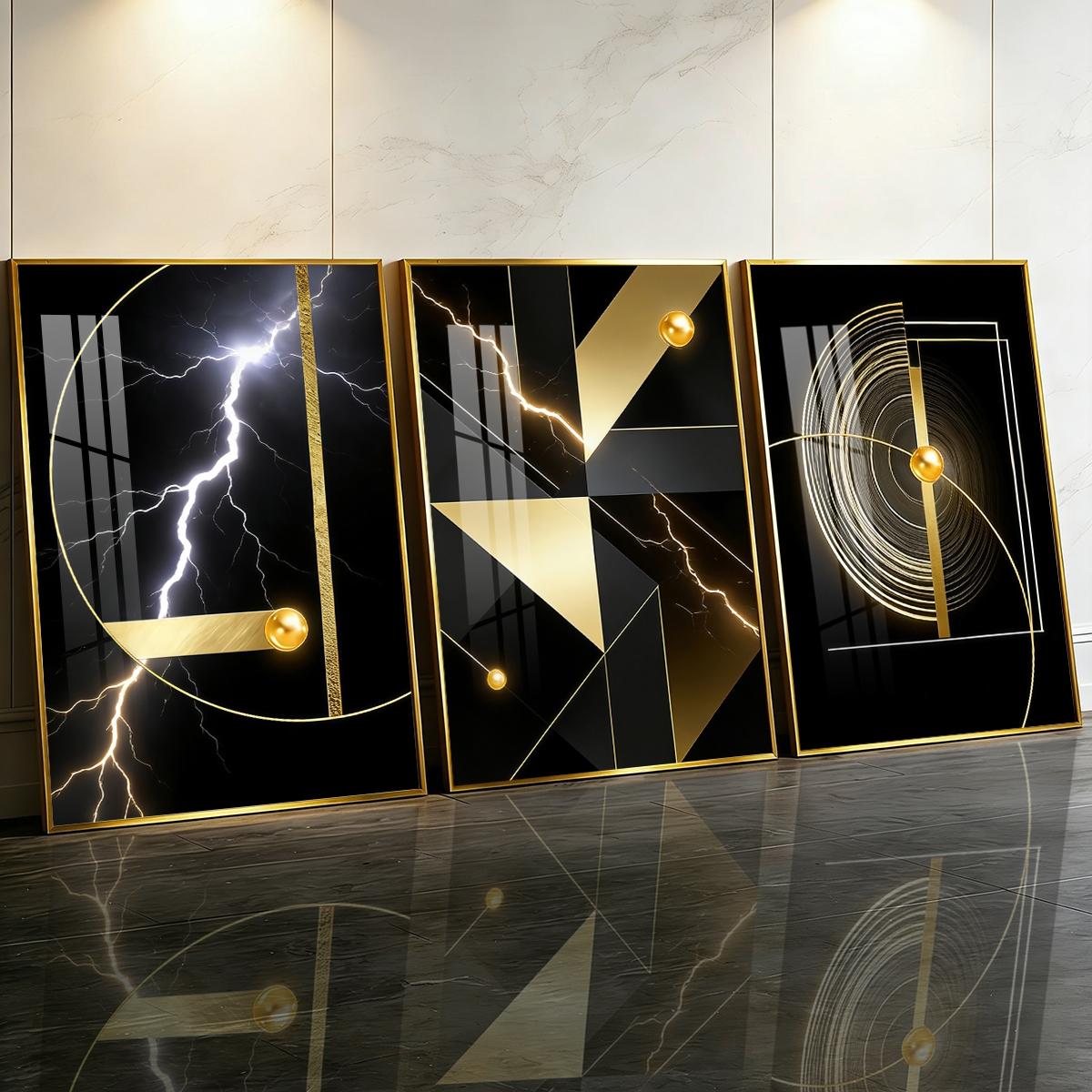 3 Counts Aluminum Alloy Framed Painting, Abstract Golden Geometric Lightning Art Pictures, Home Decoration For Living Room, Bedroom, Office, Restaurant, Hallway Wall Decor, Odorless Print Artwork, Luxury Perfect Gift For Friends And Family