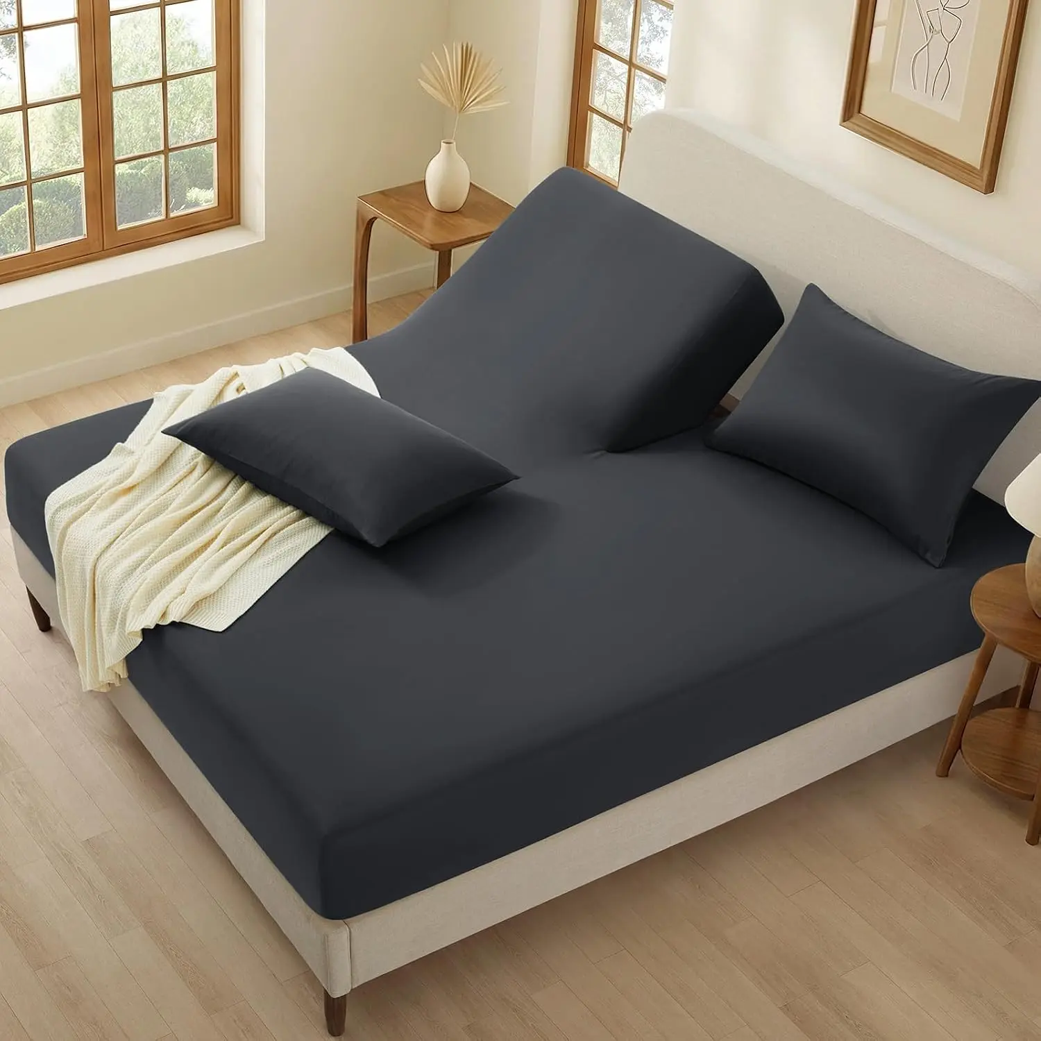 P Pothuiny 3Pcs Charcoal Black Split Top King Sheets Set for Adjustable Bed