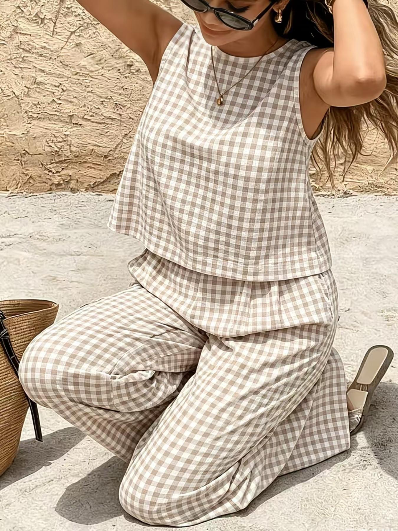 Women's 2-Piece Vintage Plaid Set, Casual Tank Top and Wide-Leg Pants, Summer Comfortable Matching Outfit