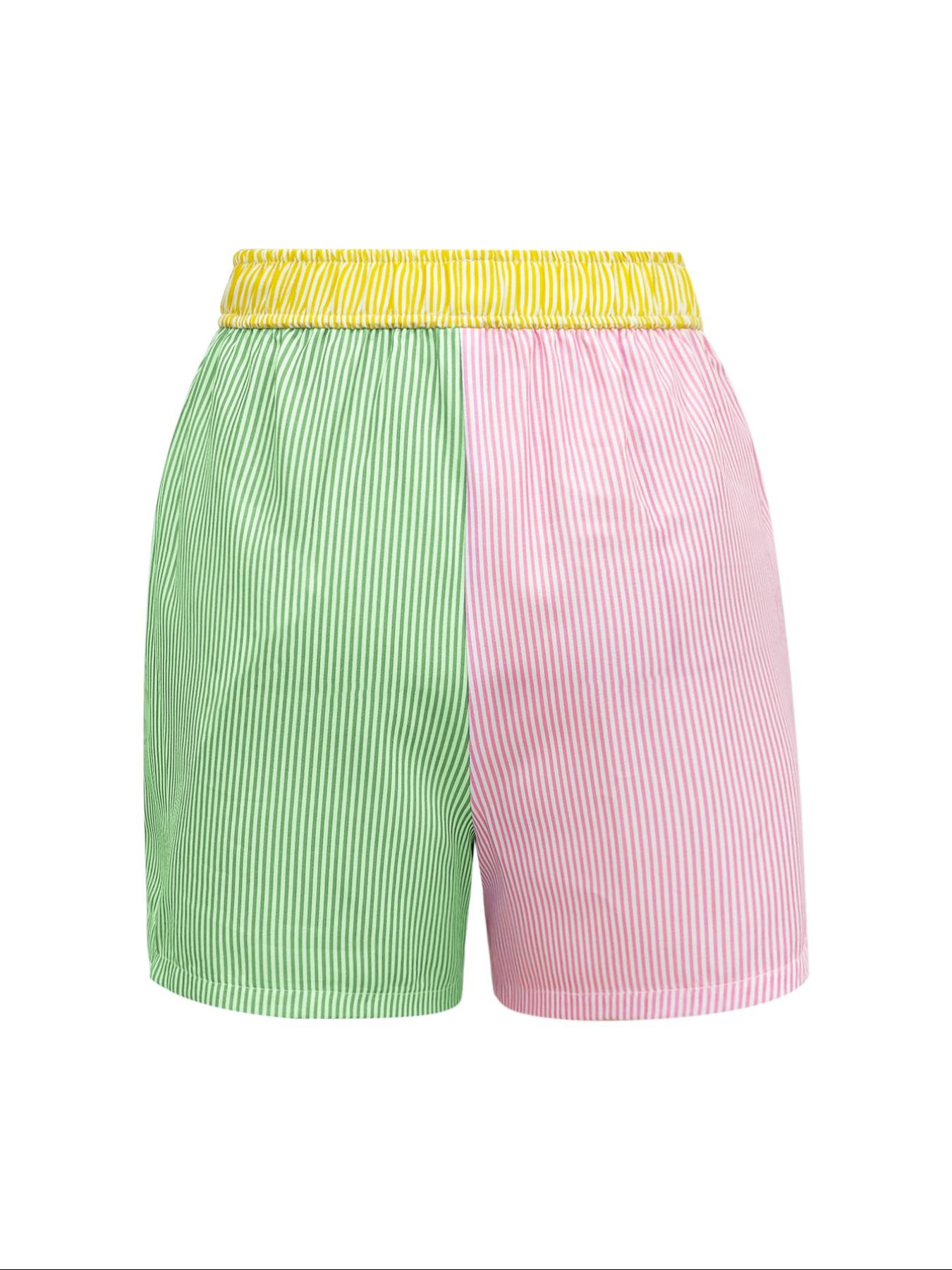 Women's Patchwork & Striped Print Elastic Waist Shorts, Casual Letter Patched Shorts, Women's Bottoms for Daily Wear