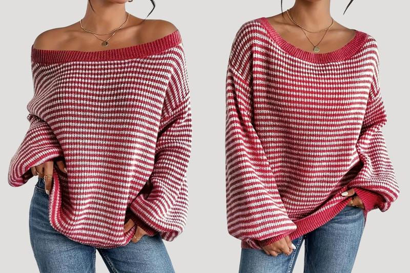 Women's Oversized Striped Knitted Sweater Off Shoulder Long Sleeve Pullover for winter 2026 Fashion Casual Knitwear Tops