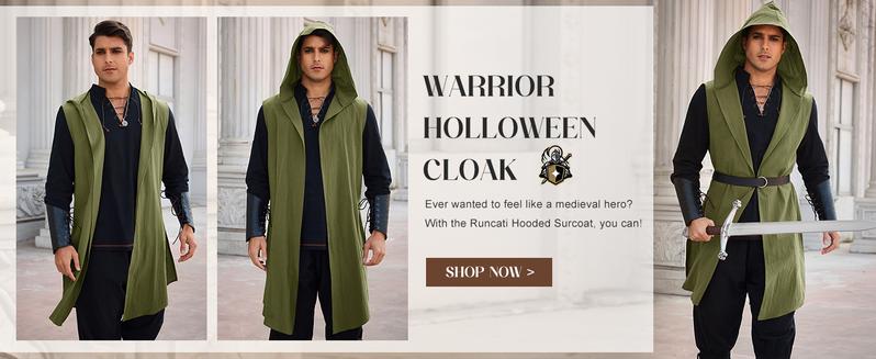 Runcati Mens Renaissance Costume Hooded Surcoat Medieval Knight Sleeveless Tunic Tops Tabard Viking Holloween Cloak