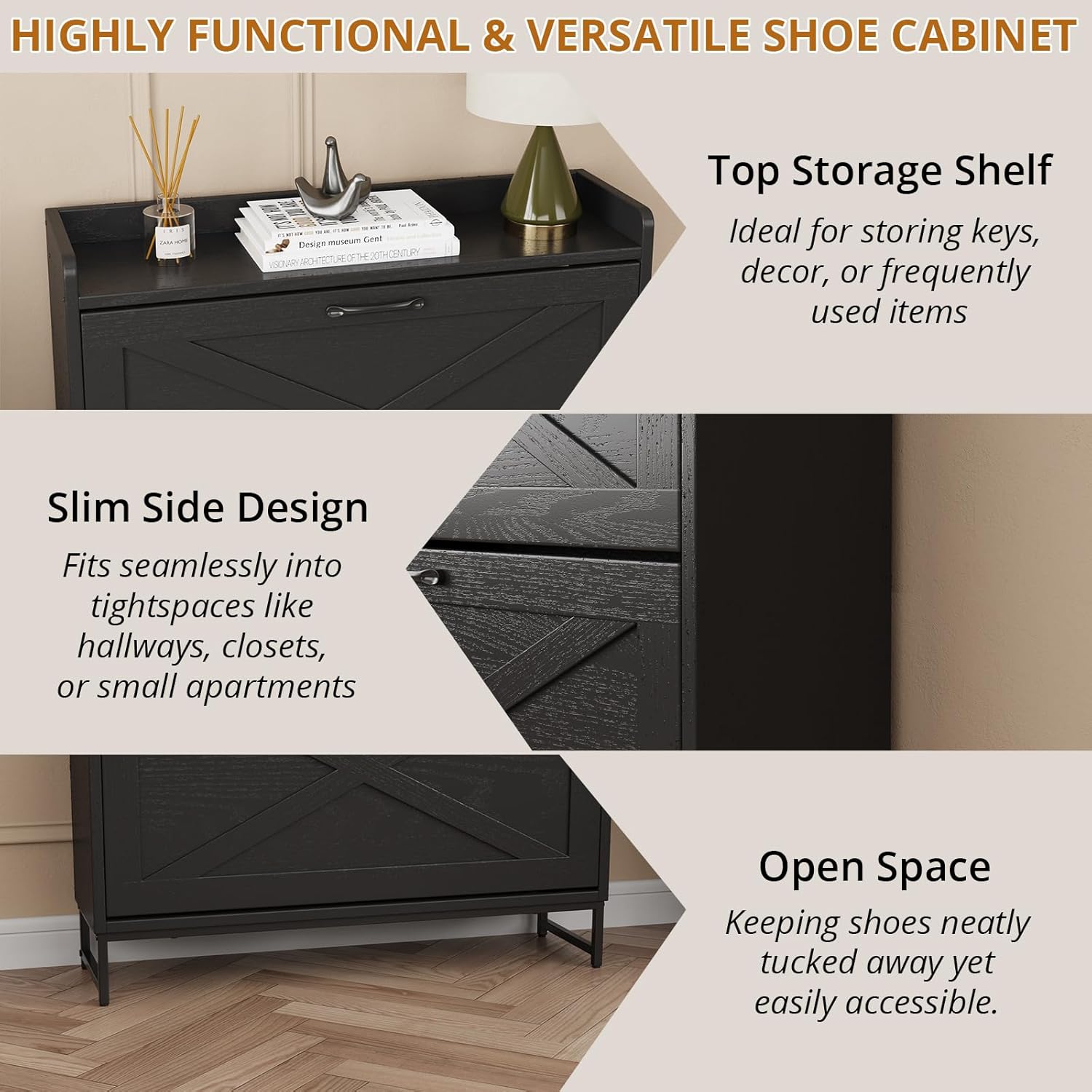VOWNER Farmhouse Shoe Storage Cabinet with 2 Flip Drawers, Freestanding Organizer with Metal Legs for Entryway, Narrow Shoe Rack Cabinet