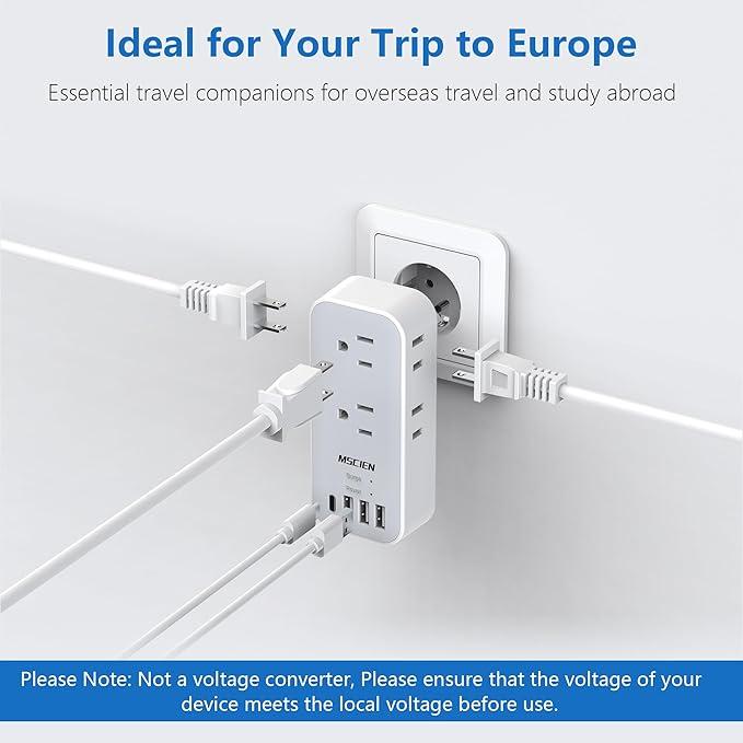 European Travel Plug Adapter, International Power Plug Adapter with 6 Outlet 4 USB(1 USB C), Type C Plug Adapter Travel Essentials to Most Europe EU Italy Spain France Germany Switzerland Portugal