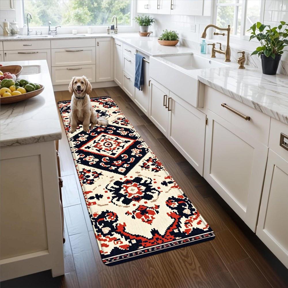 1PC， Red, White and Black Geometric Pattern strip rugs, home décor, bathroom mats, entryway mats, bathroom non-slip mats, indoor entrance rugs, bedroom bedside mats, kitchen mats, hallway rugs, flannel sponge rugs, hallway runner rugs